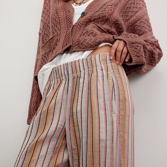 Free People Days End Striped Cotton Wide Leg Pants in NEUTRAL - Picture 1 of 2
